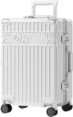 حقيبة أمتعة بدون سحاب مع 4 عجلات، حقيبة سفر صلبة مقاس 20 بوصة مع قفل TSA من مادة PC+ABS، 4 زوايا معدنية، أبيض