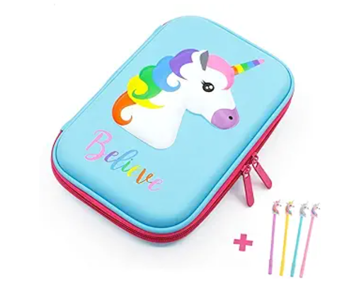 3D Cute EVA Unicorn Pen Poch Stationery Box Anti-Shock عدة مقصورات ضخمة للدراسة مع 4 أقلام وحيد القرن