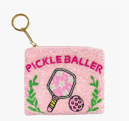 Ricki beaded coin bag with glass and acrylic beads secure zip closure and gold tone key ring compact design perfect for everyday