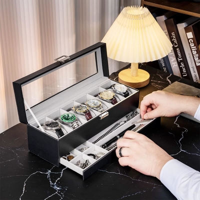 ProCase Watch Box Organizer للرجال، 6 فتحة ساعة عرض حالة مع الدرج، هدية يوم الآباء الرجال ساعة حامل ساعة