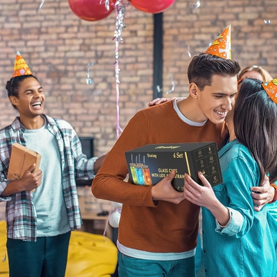 4 مجموعة أكواب زجاجية مع أغطية وأقراص 16 أونصة، مجموعة الكؤوس الشرب، كأس القهوة المثلجة مع أغطية الخيزران،