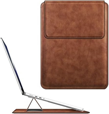 غلاف الكمبيوتر المحمول MacBook Air 13.6M3 M2 A3113 A2681/MacBook Pro 14 A2992-PU غطاء حقيبة جلد رقيق مع وظيفة الوقوف ، بني