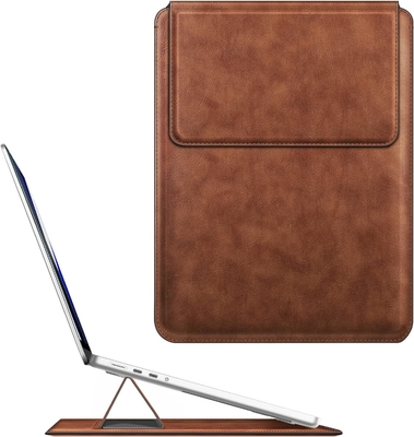 غلاف الكمبيوتر المحمول MacBook Air 13.6M3 M2 A3113 A2681/MacBook Pro 14 A2992-PU غطاء حقيبة جلد رقيق مع وظيفة الوقوف ، بني