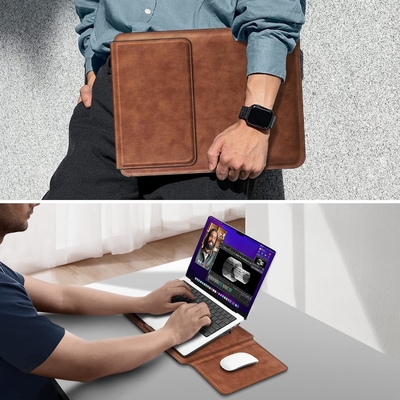 غلاف الكمبيوتر المحمول MacBook Air 13.6M3 M2 A3113 A2681/MacBook Pro 14 A2992-PU غطاء حقيبة جلد رقيق مع وظيفة الوقوف ، بني
