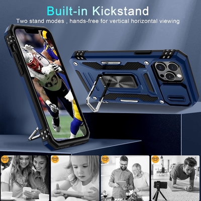 آيفون 12 برو ماكس مع غطاء كاميرا الشريحة + حماية الشاشة ((1 حزمة) ، حلقة محورية Kickstand الصف العسكري مقاوم للصدمات