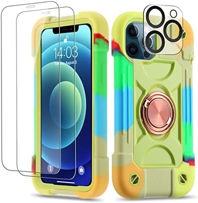 iPhone 12 Pro Max Case 6.7 &quot; - مقاوم للصدمات الثقيلة ، موقف الحلقة ، شاشة زجاجية وحامي عدسة الكاميرا (قوس قزح وردي)