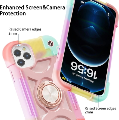 iPhone 12 Pro Max Case 6.7 &quot; - مقاوم للصدمات الثقيلة ، موقف الحلقة ، شاشة زجاجية وحامي عدسة الكاميرا (قوس قزح وردي)