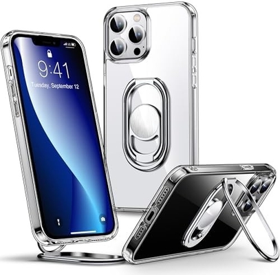 الدرع فوق ل iPhone 12 Pro Max حالة مع الوقوف، حالة الهاتف واضحة مع حامل حلقة مزدوجة [يمكن تعديلها و قابلة للطي]