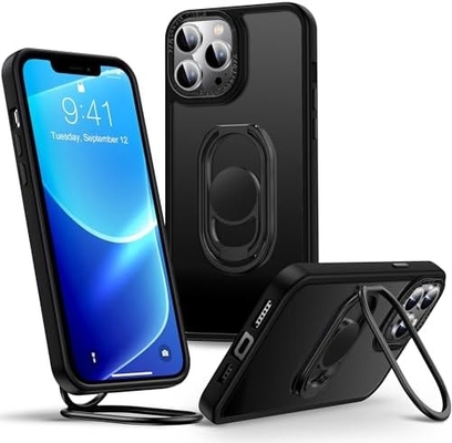 الدرع فوق ل iPhone 12 Pro Max حالة مع الوقوف، حالة الهاتف واضحة مع حامل حلقة مزدوجة [يمكن تعديلها و قابلة للطي]