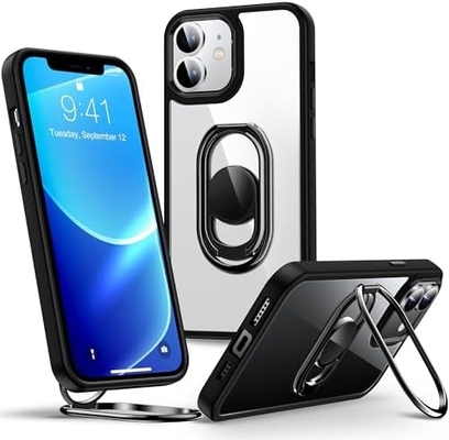الدرع فوق ل iPhone 12 Pro Max حالة مع الوقوف، حالة الهاتف واضحة مع حامل حلقة مزدوجة [يمكن تعديلها و قابلة للطي]
