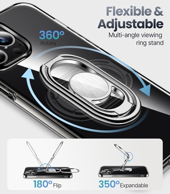 الدرع فوق ل iPhone 12 Pro Max حالة مع الوقوف، حالة الهاتف واضحة مع حامل حلقة مزدوجة [يمكن تعديلها و قابلة للطي]