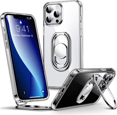 الدرع فوق ل iPhone 12 Pro Max حالة مع الوقوف، حالة الهاتف واضحة مع حامل حلقة مزدوجة [يمكن تعديلها و قابلة للطي]