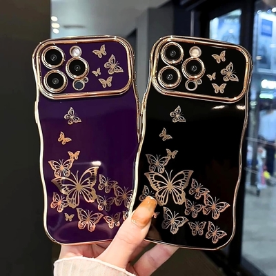 غلاف هاتف iPhone 13 للفتاة، إطار موجة مجعد، نمط فراشة مطلي فاخر، حافة TPU الذهبية حماية عدسة مضادة للصدمات