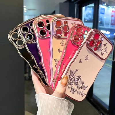 غلاف هاتف iPhone 13 للفتاة، إطار موجة مجعد، نمط فراشة مطلي فاخر، حافة TPU الذهبية حماية عدسة مضادة للصدمات