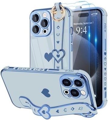 iPhone 12 Pro Cute Love-Heart Plating Strap غطاء الهاتف للنساء الفتيات Bling كاميرا سيليكون العدسة الحماية
