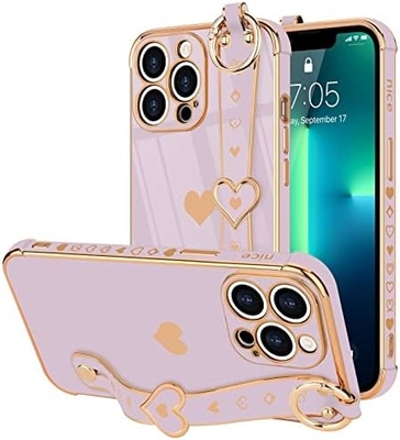 iPhone 12 Pro Cute Love-Heart Plating Strap غطاء الهاتف للنساء الفتيات Bling كاميرا سيليكون العدسة الحماية