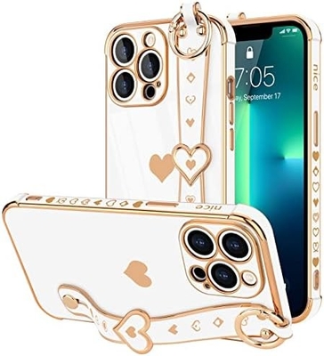 iPhone 12 Pro Cute Love-Heart Plating Strap غطاء الهاتف للنساء الفتيات Bling كاميرا سيليكون العدسة الحماية
