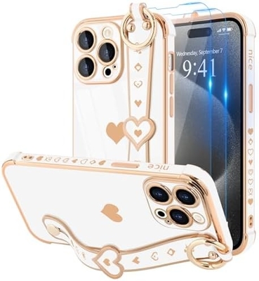 iPhone 12 Pro Cute Love-Heart Plating Strap غطاء الهاتف للنساء الفتيات Bling كاميرا سيليكون العدسة الحماية