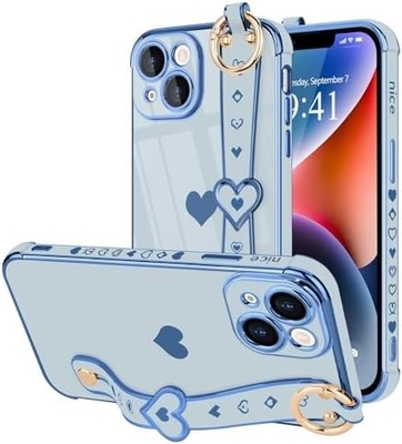iPhone 12 Pro Cute Love-Heart Plating Strap غطاء الهاتف للنساء الفتيات Bling كاميرا سيليكون العدسة الحماية