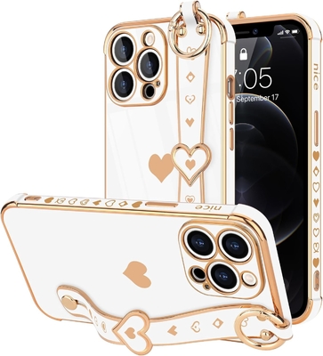 iPhone 12 Pro Cute Love-Heart Plating Strap غطاء الهاتف للنساء الفتيات Bling كاميرا سيليكون العدسة الحماية