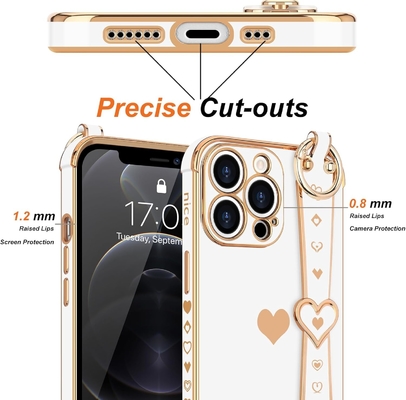 iPhone 12 Pro Cute Love-Heart Plating Strap غطاء الهاتف للنساء الفتيات Bling كاميرا سيليكون العدسة الحماية