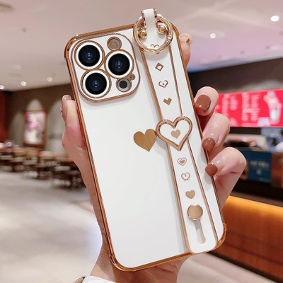 iPhone 12 Pro Cute Love-Heart Plating Strap غطاء الهاتف للنساء الفتيات Bling كاميرا سيليكون العدسة الحماية