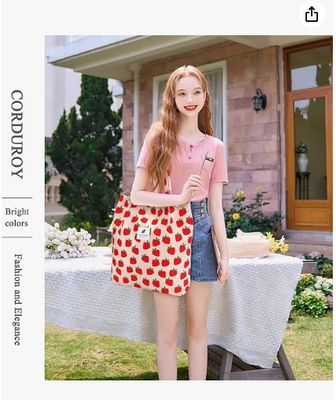 حقيبة يد نسائية وبنات، من قماش كوردروي بسعة كبيرة، قابلة لإعادة الاستخدام، حقيبة كتف للتسوق مع جيب داخلي