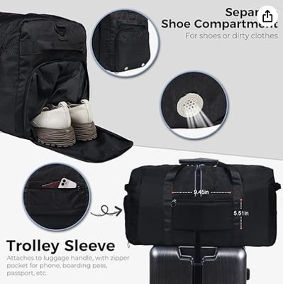 Fmeida 65L Duffle Bag with Shoes Compartment, Foldable Travel Duffel Bags for Men Women, Large Packable Travel Bag Water Repellent & Tear Resistant