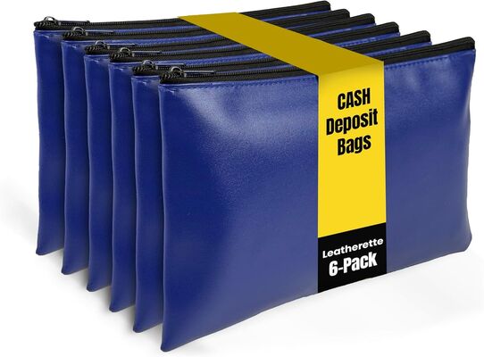 Better Office Products 6 Pack, Zippered Security Bank Deposit Bag, Leatherette, Cash Bag, Coin Bag, Utility Pouch, Blue