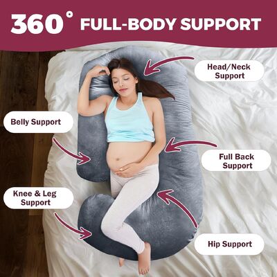 وسائد الحمل للنوم ️ وسادة الأمومة 57 بوصة للنساء الحوامل مع غطاء قابل للغسيل القابل للإزالة ️ دعم للظهر والبطن والرقبة والساقين والوركين ️ وسادة كاملة للجسم على شكل V C U ، رمادي مخملي