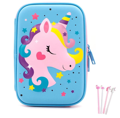 3D Cute EVA Unicorn Pen Poch Stationery Box Anti-Shock عدة مقصورات ضخمة للدراسة مع 4 أقلام وحيد القرن